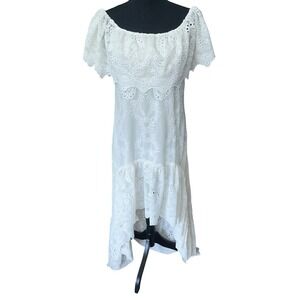 Miss June Womens White Eyelet Lace High Low‎ Dress Size Small On/Off Shoulders
